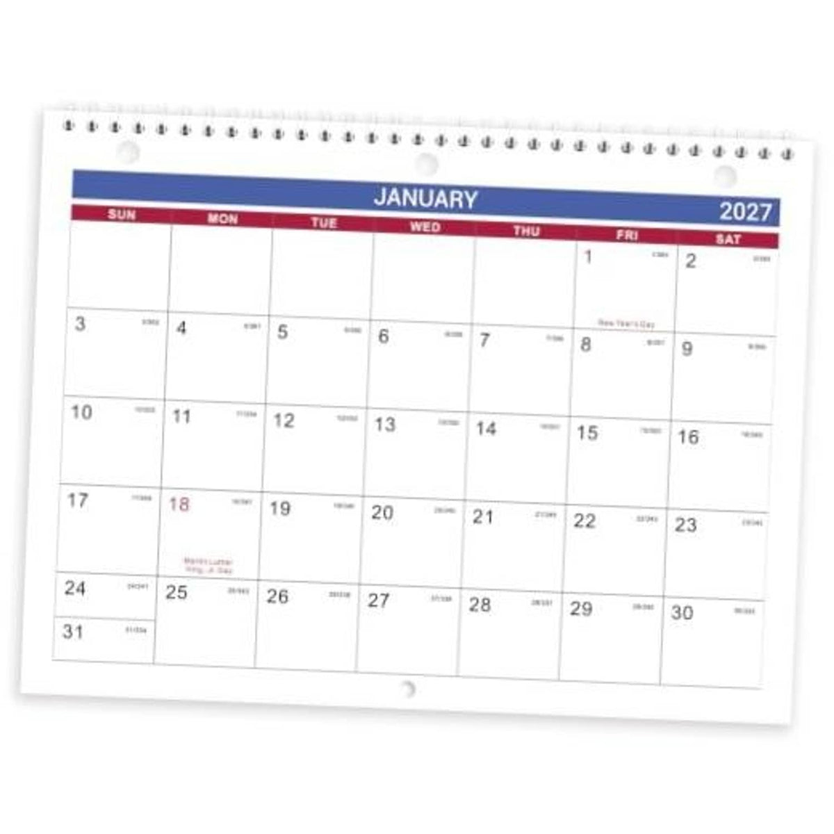 Spiral-bound wall calendar showing January 2027 in a white monthly date grid.