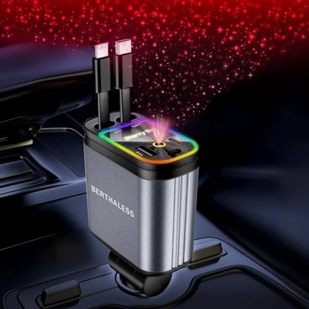 Silver retractable car charger with black base and glowing LED charging panel