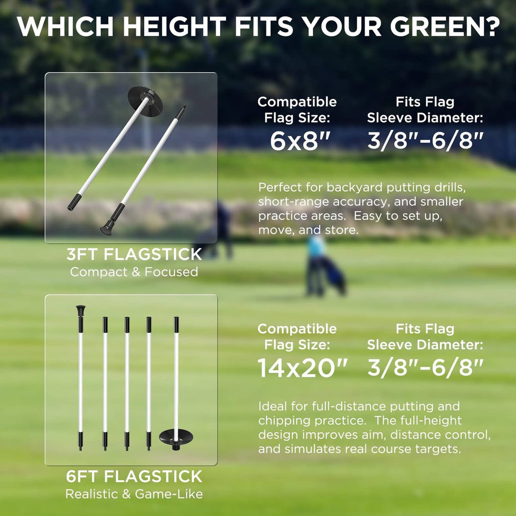 White golf flagpole options shown: compact 3-ft and tall 6-ft versions with bases