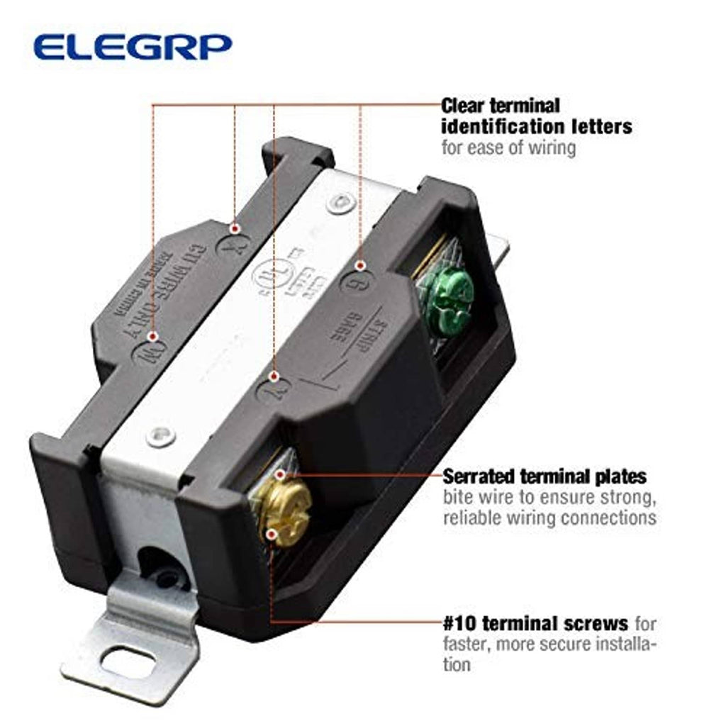 Locking receptacle terminals with clear markings, brass contacts, and #10 terminal screws