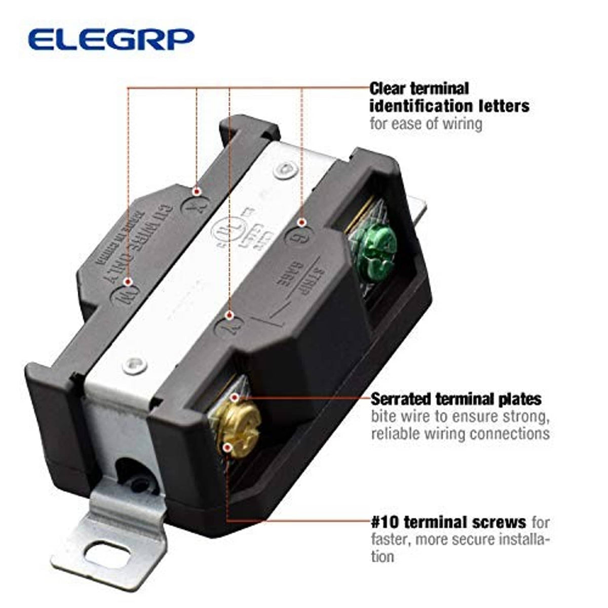 Locking receptacle terminals with clear markings, brass contacts, and #10 terminal screws