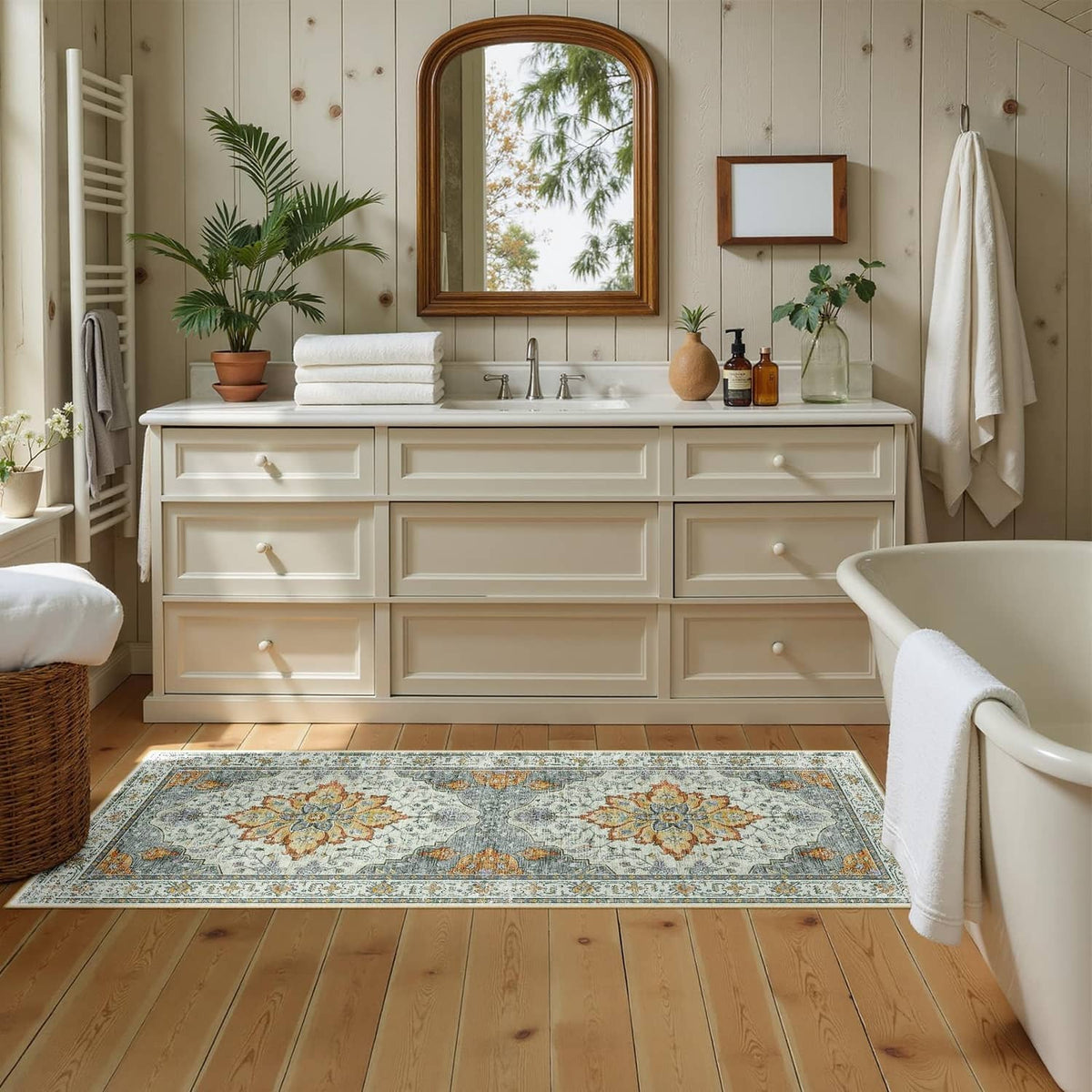 Rectangular low-pile washable area rug with light blue floral border and orange accents
