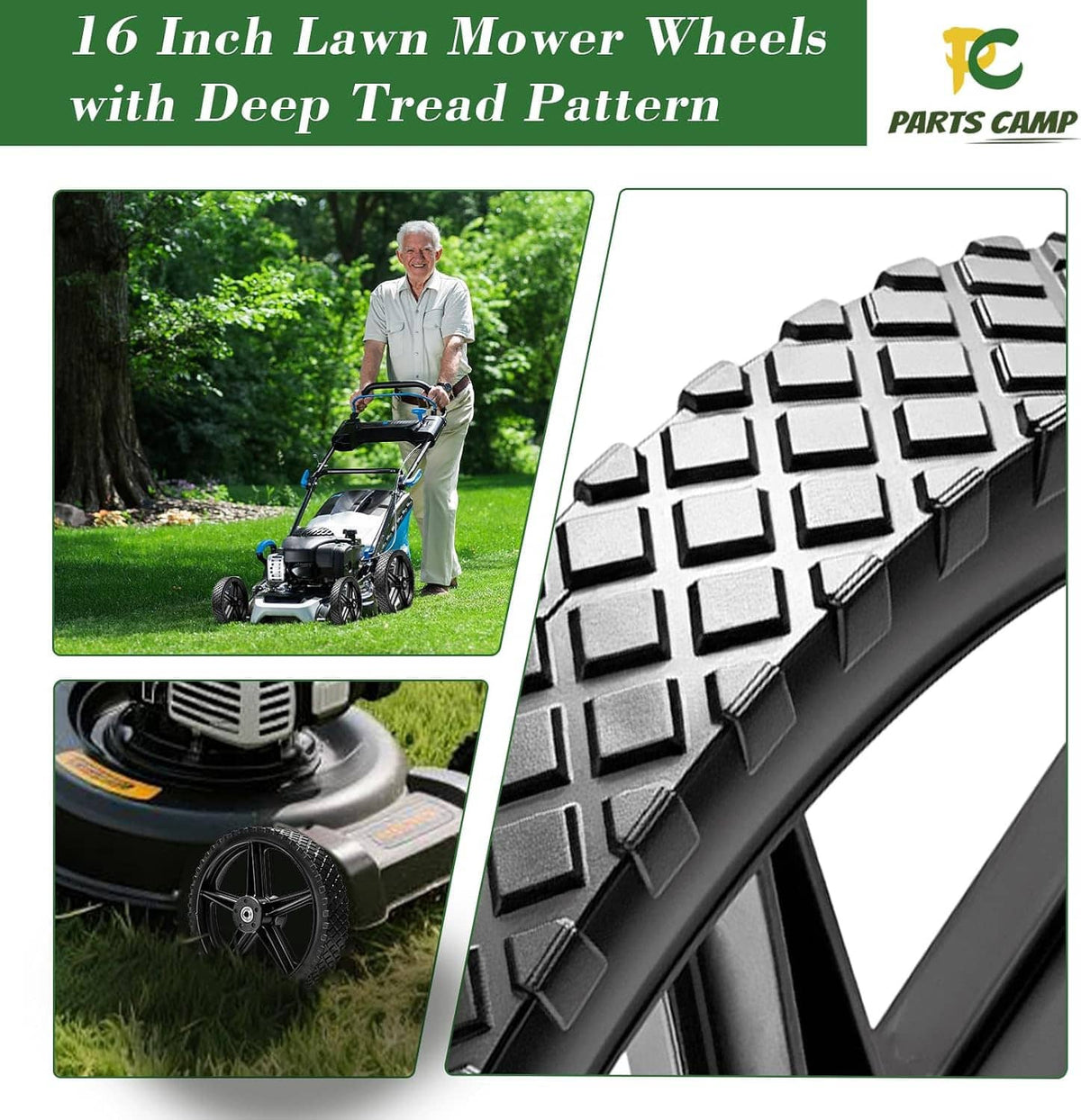 16-inch lawn mower wheels with deep tread pattern on black spoked rims