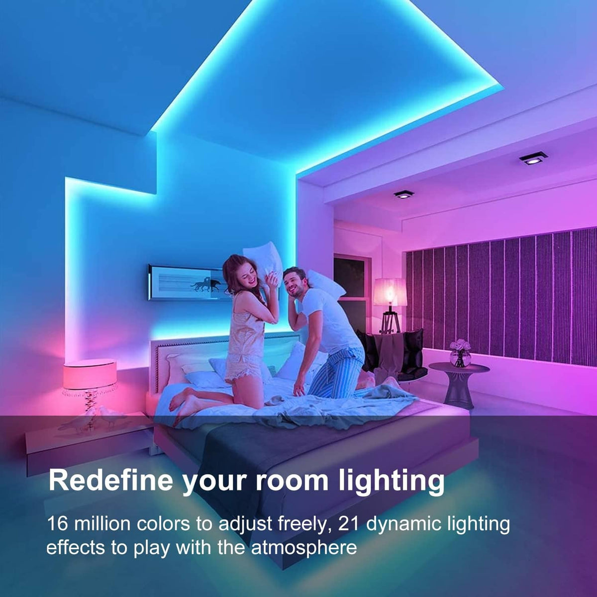 RGB LED strip light along a ceiling edge with blue and purple glow