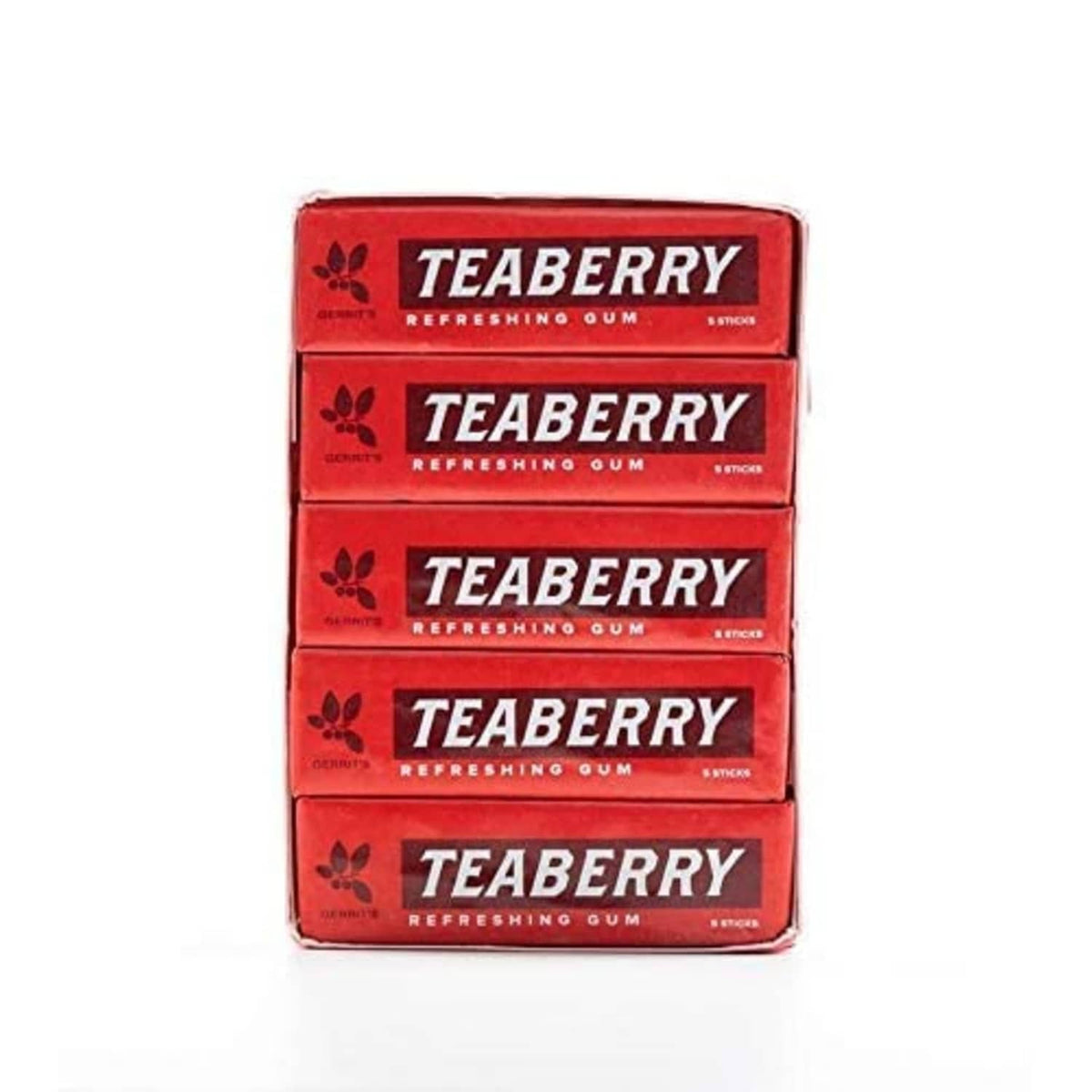 Gerrit's Teaberry refreshing gum, front view of red 5-stick pack
