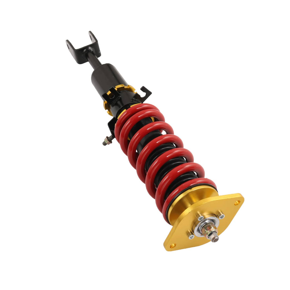 Coilover shock absorber with red coil spring and gold top mount