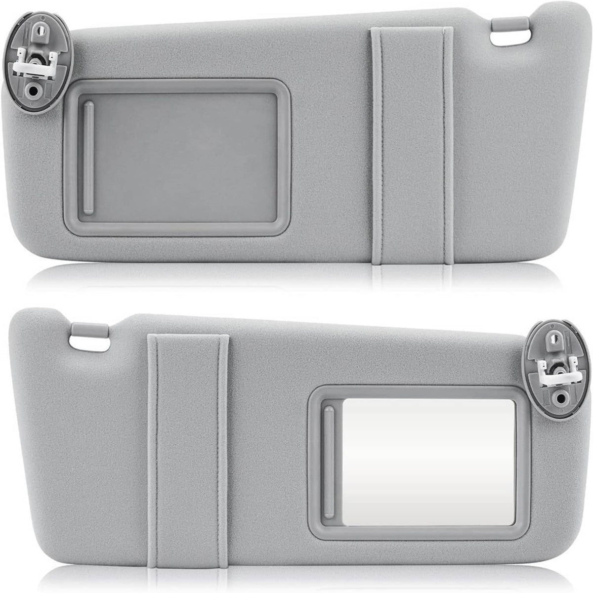 Gray car sun visor pair with vanity mirror window and gray strap