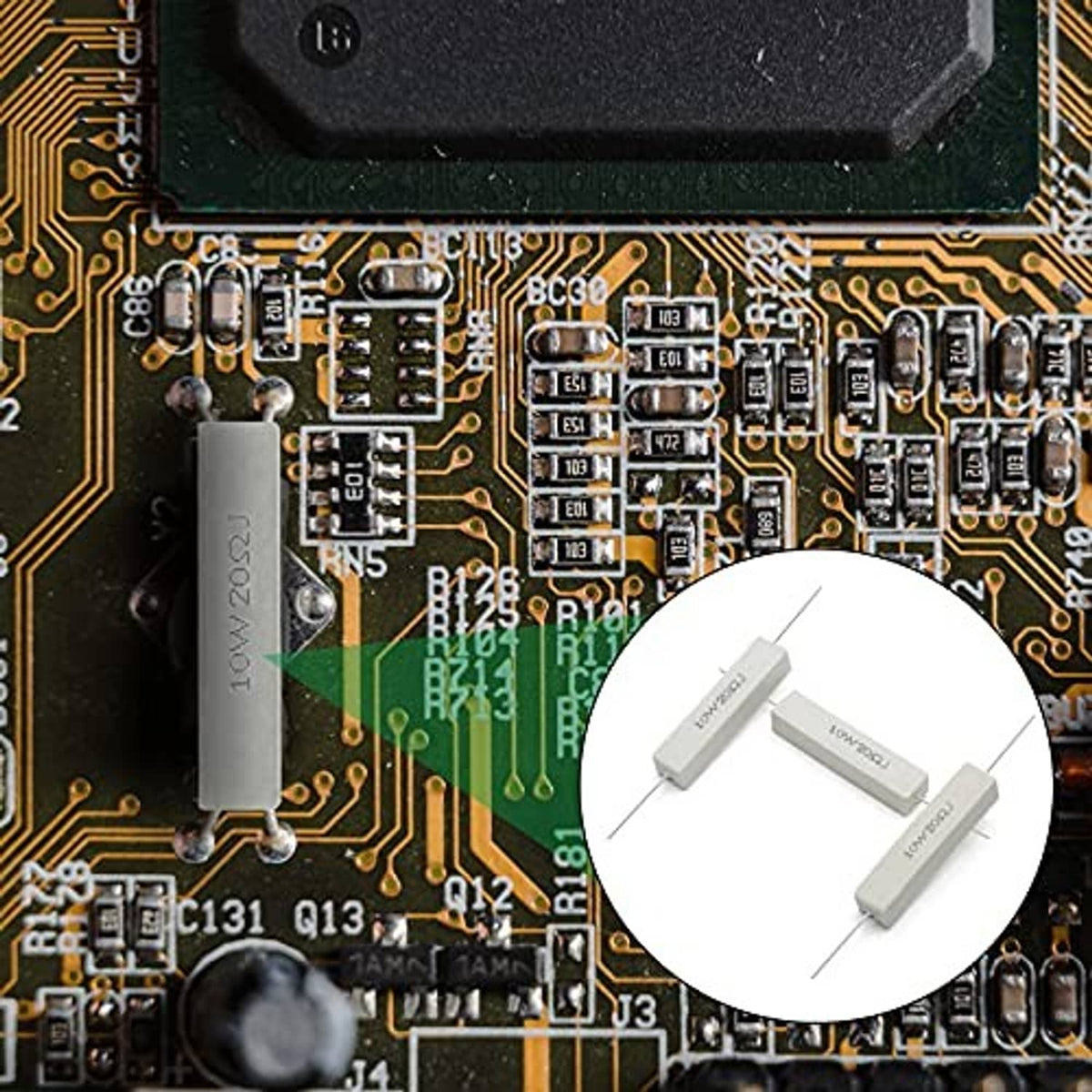 Ceramic power resistor on circuit board, with inset showing three white cement resistors