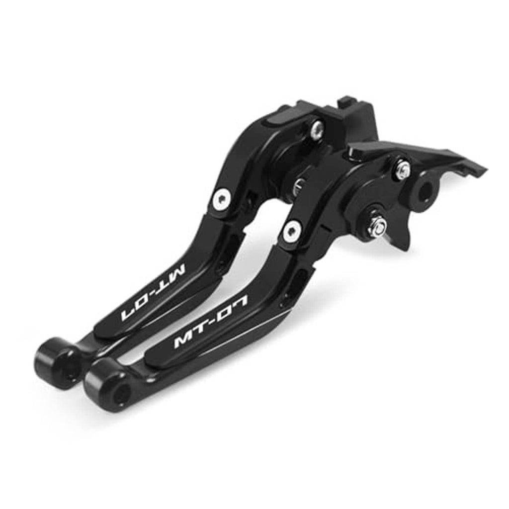 Black adjustable motorcycle clutch and brake levers with fold and screw mount details
