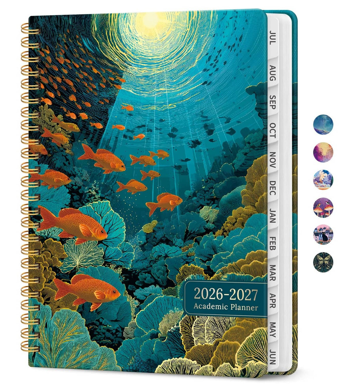 Spiral-bound 2026–2027 academic planner with turquoise underwater cover and gold accents