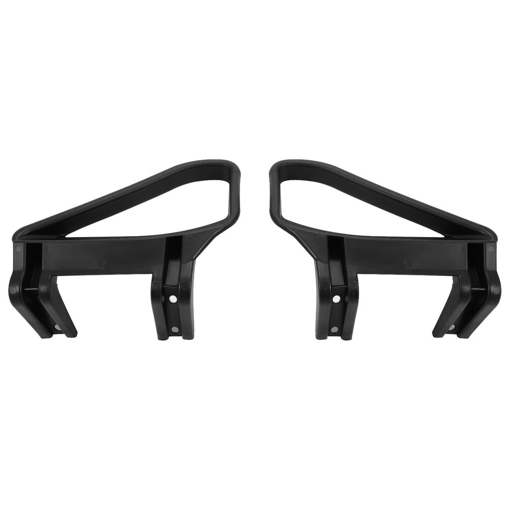 Two black plastic golf cart seat armrest/hip restraint brackets, front view