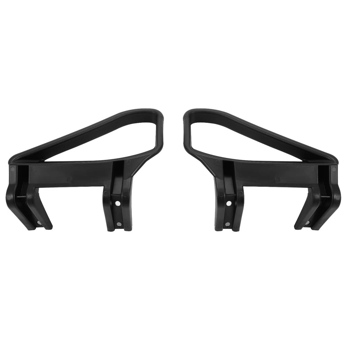 Two black plastic golf cart seat armrest/hip restraint brackets, front view
