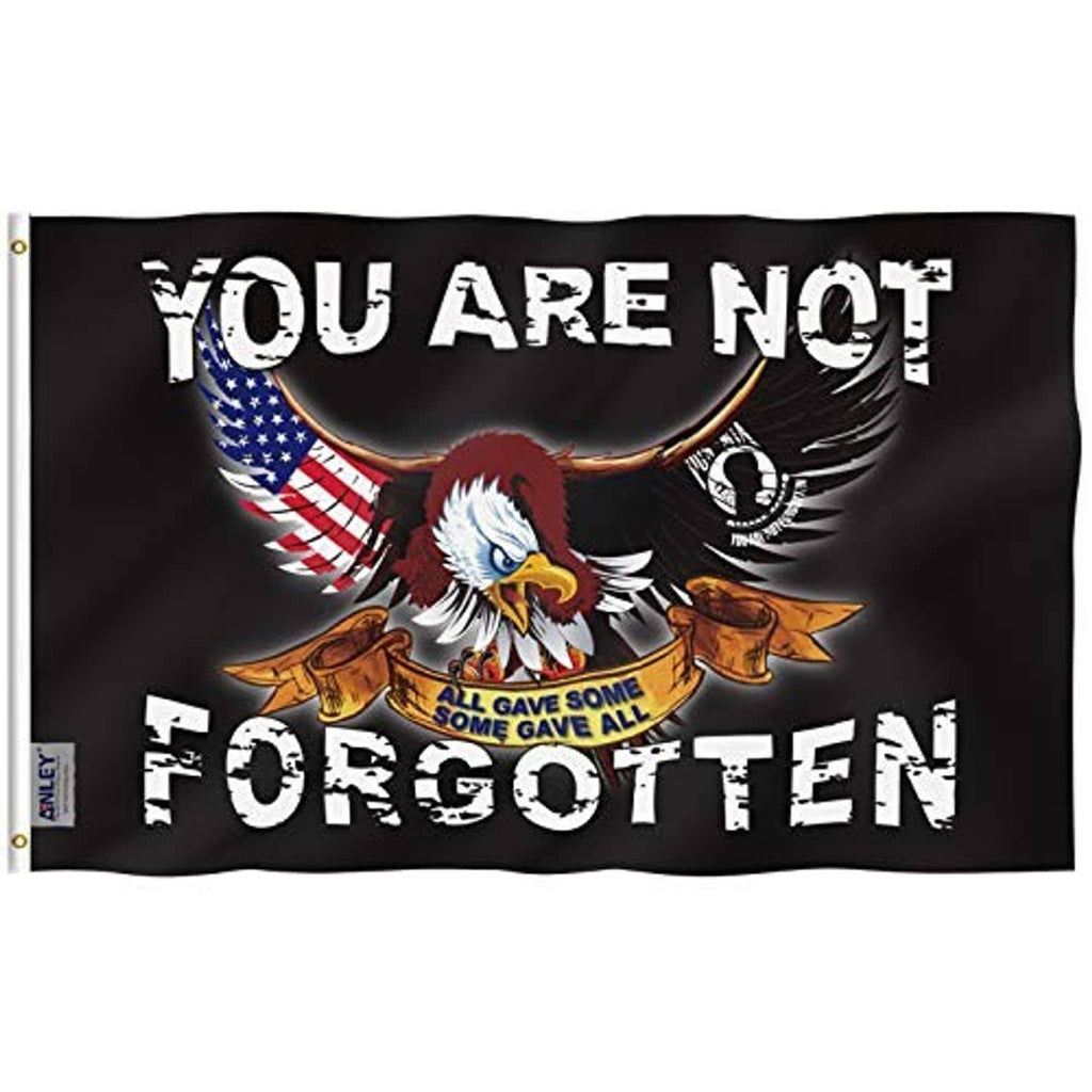 Black POW/MIA banner flag showing eagle, U.S. flag, and “You are not forgotten”