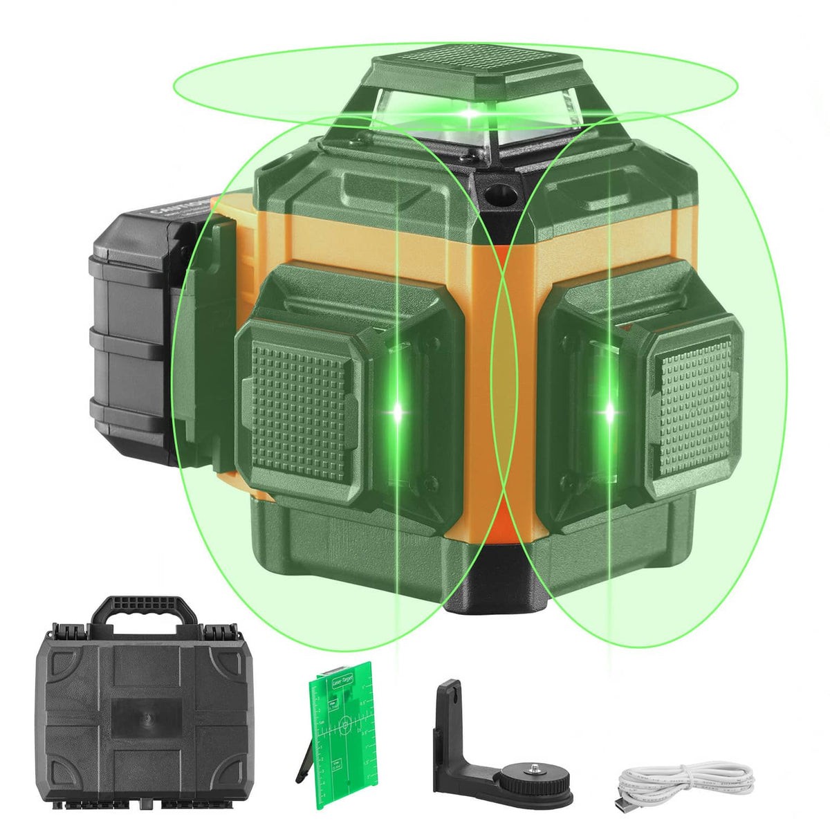 Green cross-line laser level with protective case, bracket, and accessory cable