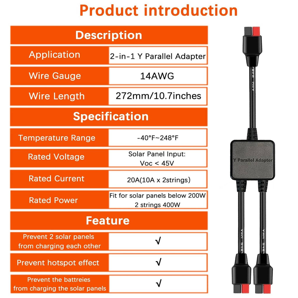 Black Y parallel adapter cable with a flat black splitter housing and two red-tipped leads