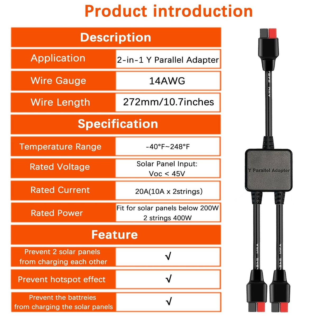 Black Y parallel adapter cable with a flat black splitter housing and two red-tipped leads