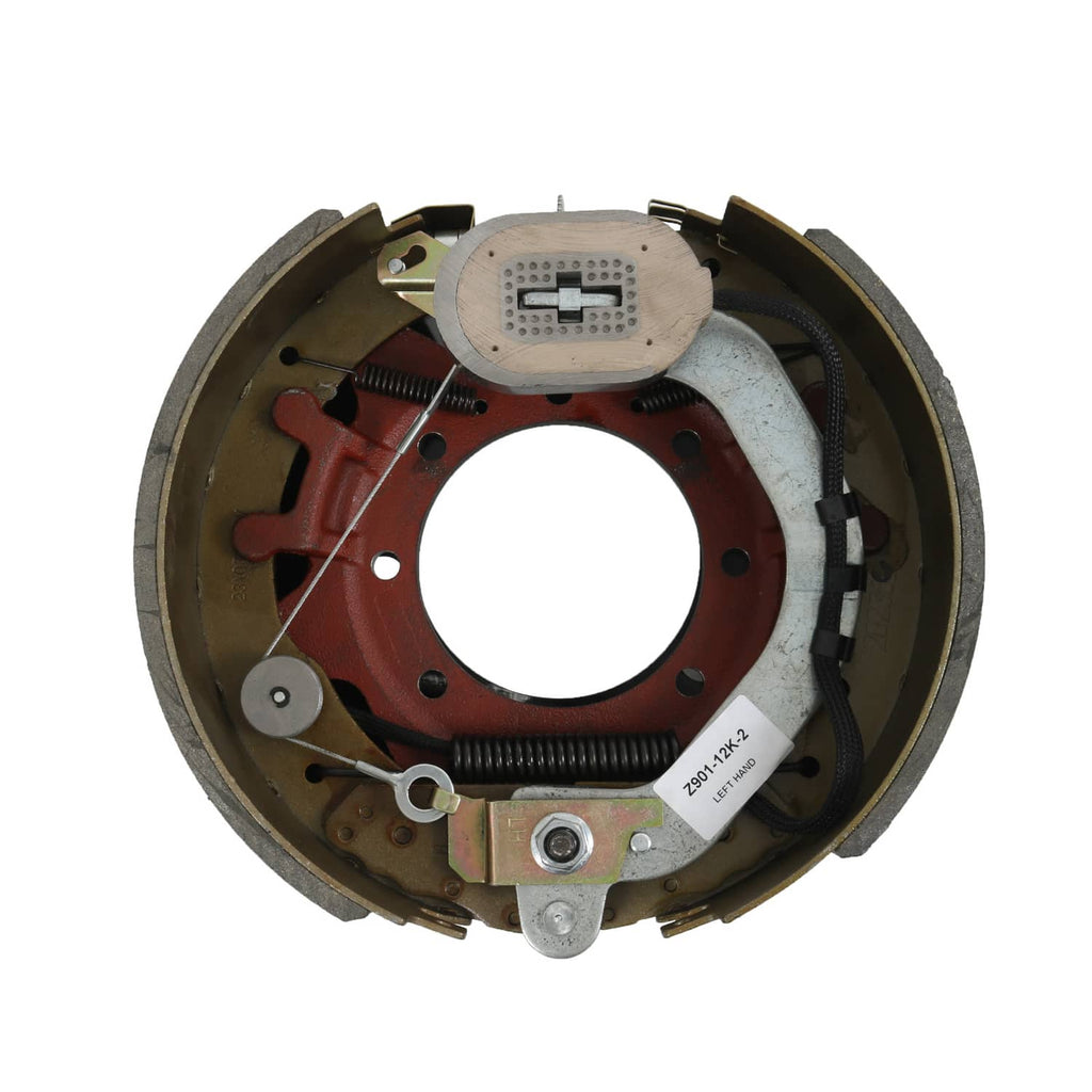 Electric trailer brake backing plate assembly with red backing plate and shoe hardware
