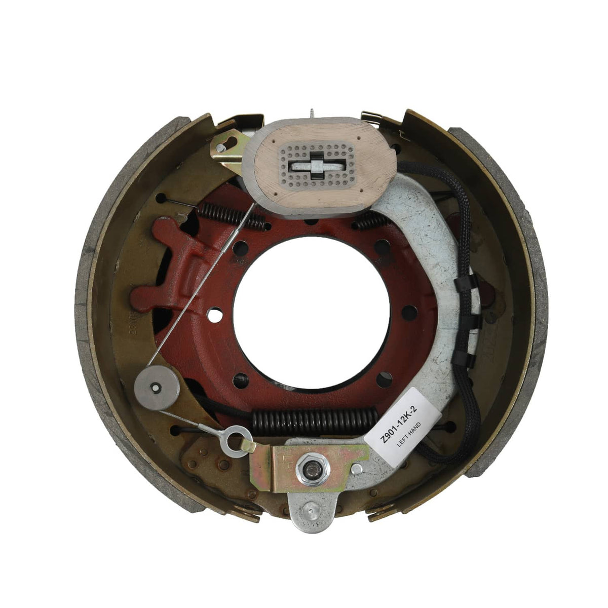 Electric trailer brake backing plate assembly with red backing plate and shoe hardware