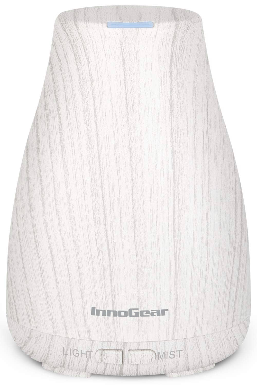 InnoGear essential oil diffuser, white-gray textured body with blue control light