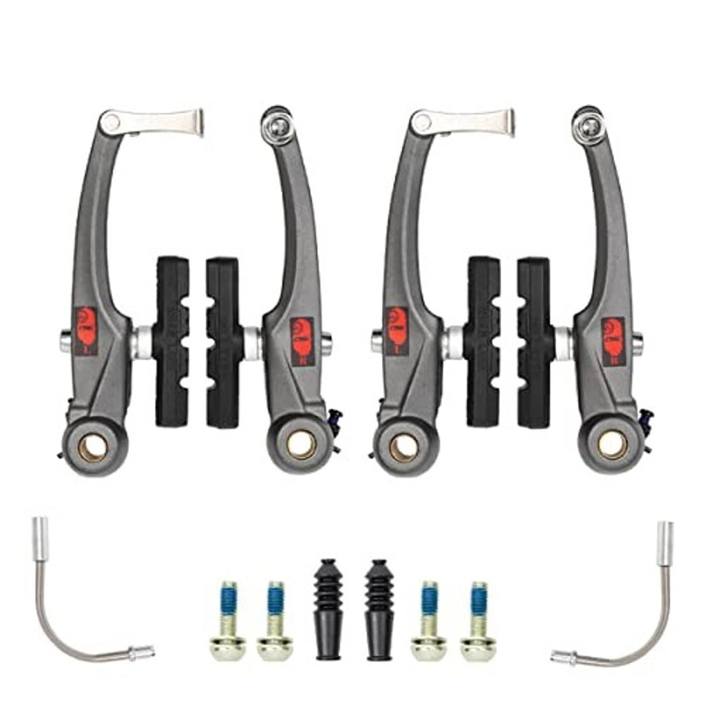 Two bicycle V brakes in dark gray with black pads and silver mounting hardware