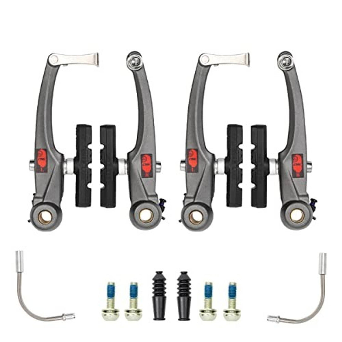 Two bicycle V brakes in dark gray with black pads and silver mounting hardware