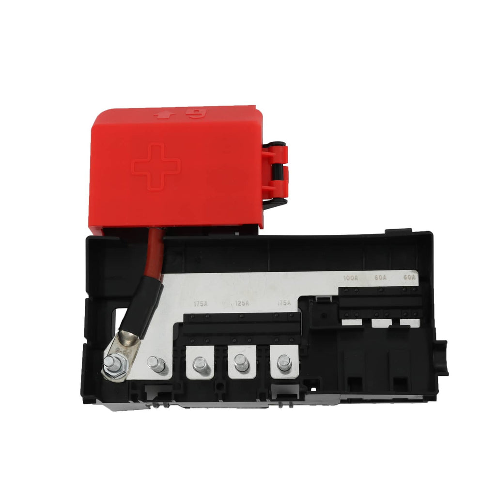 Battery distribution fuse block, red top cover, black housing, exposed fuse terminals
