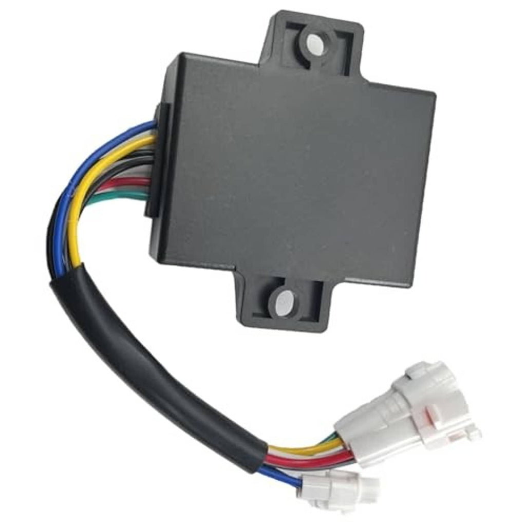 Rectangular black CDI ignition module with mounting tabs and wire connectors