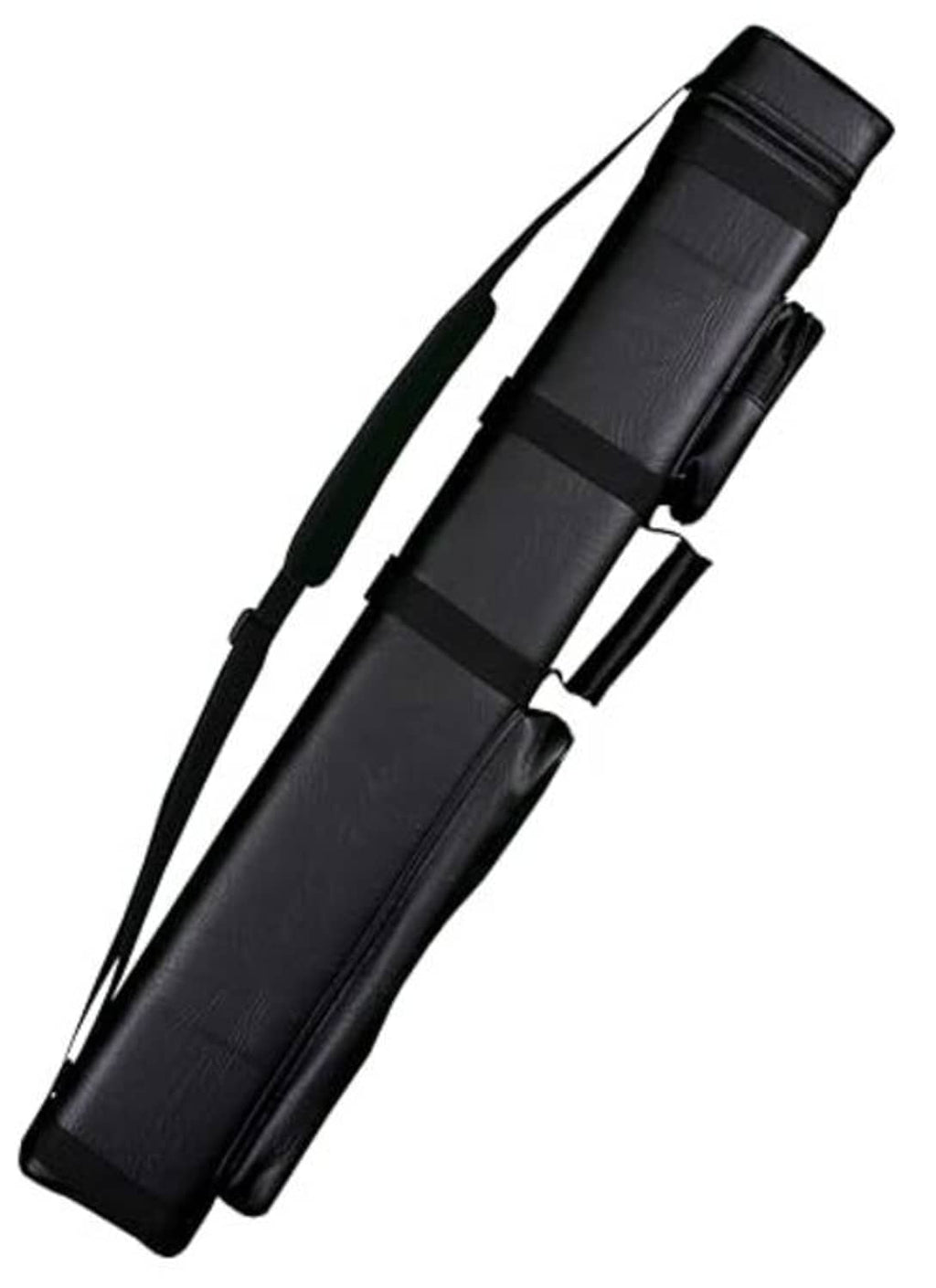 Black padded pool cue carrying case with adjustable shoulder strap and fastener tab