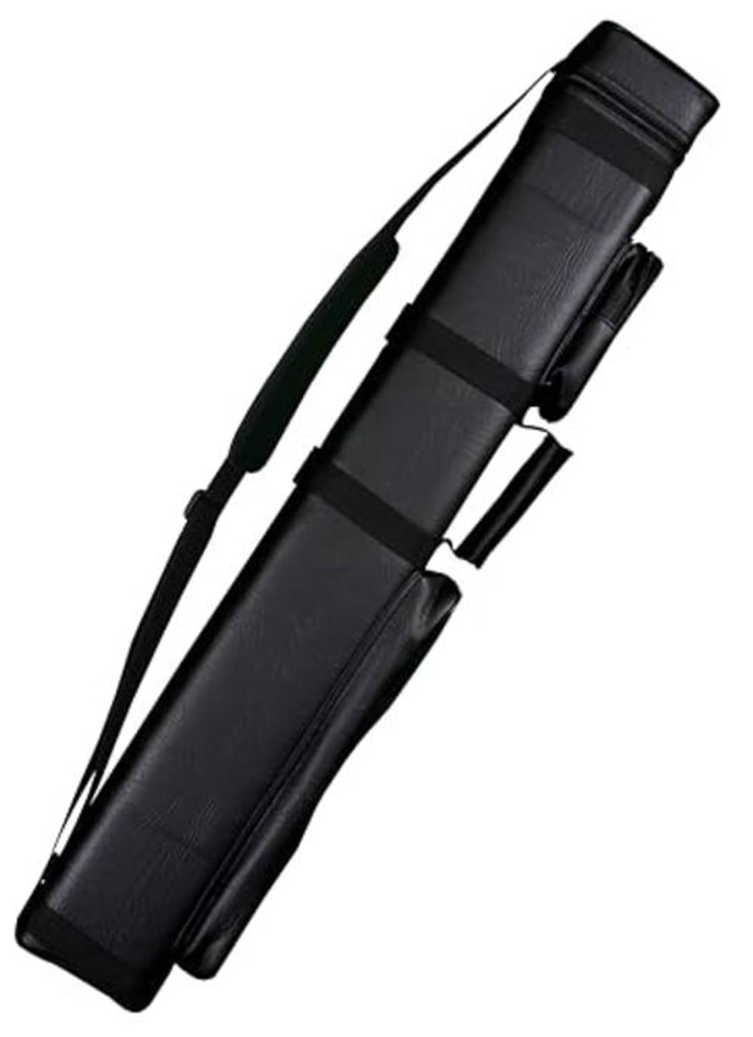 Black padded pool cue carrying case with adjustable shoulder strap and fastener tab