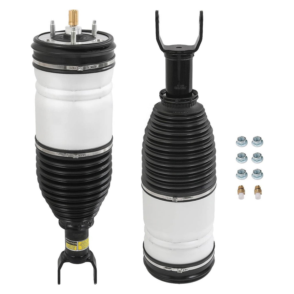 Air suspension struts, two black-and-white shock assemblies with hardware parts and connectors