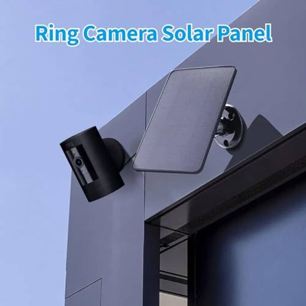Black solar panel mounted beside a Ring camera, with tilt-adjusted bracket