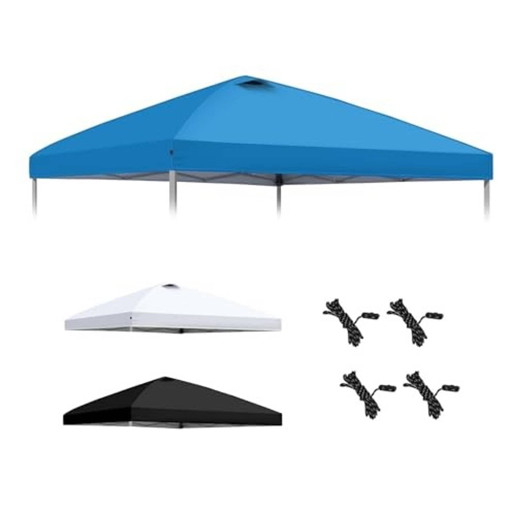 Blue replacement canopy top with air vent; accessory set with guy ropes on white