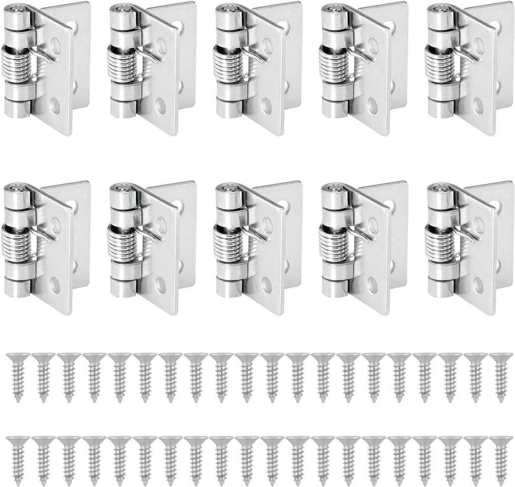 Multiple small iron spring-loaded self-closing hinges with latch arms, plus mounting screws
