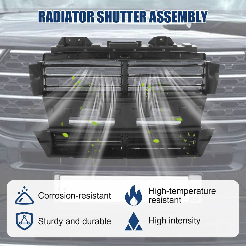 Front-facing black radiator shutter assembly with horizontal fins and central divider