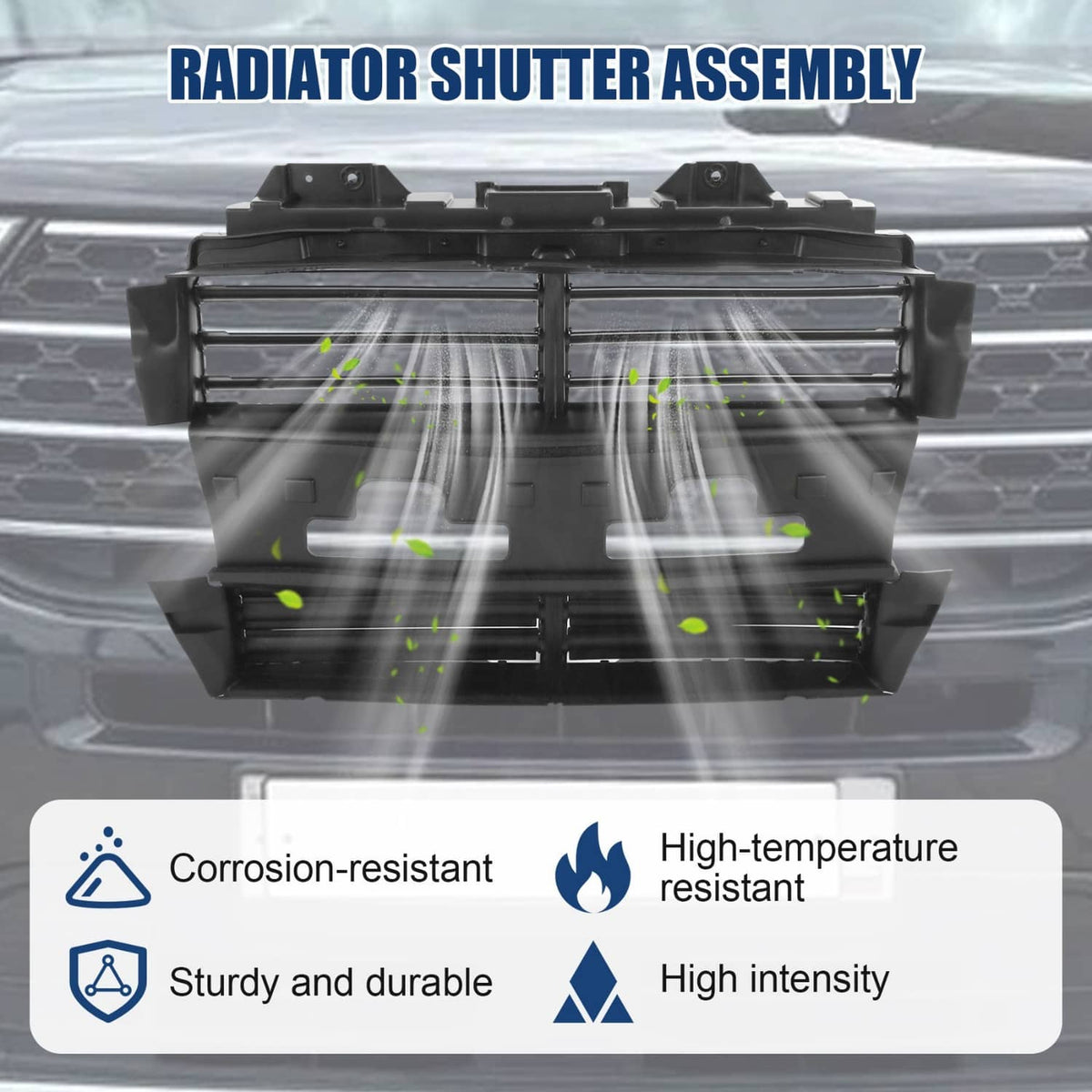 Front-facing black radiator shutter assembly with horizontal fins and central divider