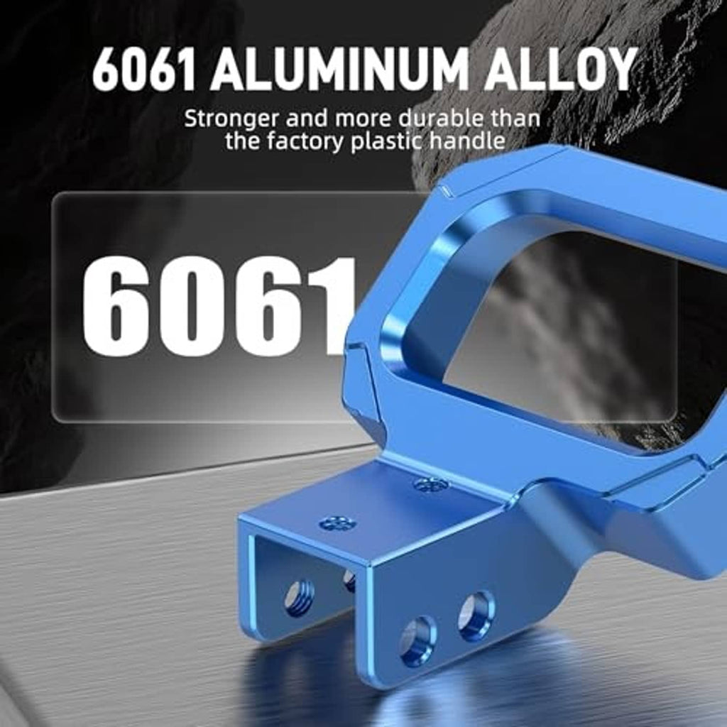 Blue aluminum seat release handle with open frame and mounting plate