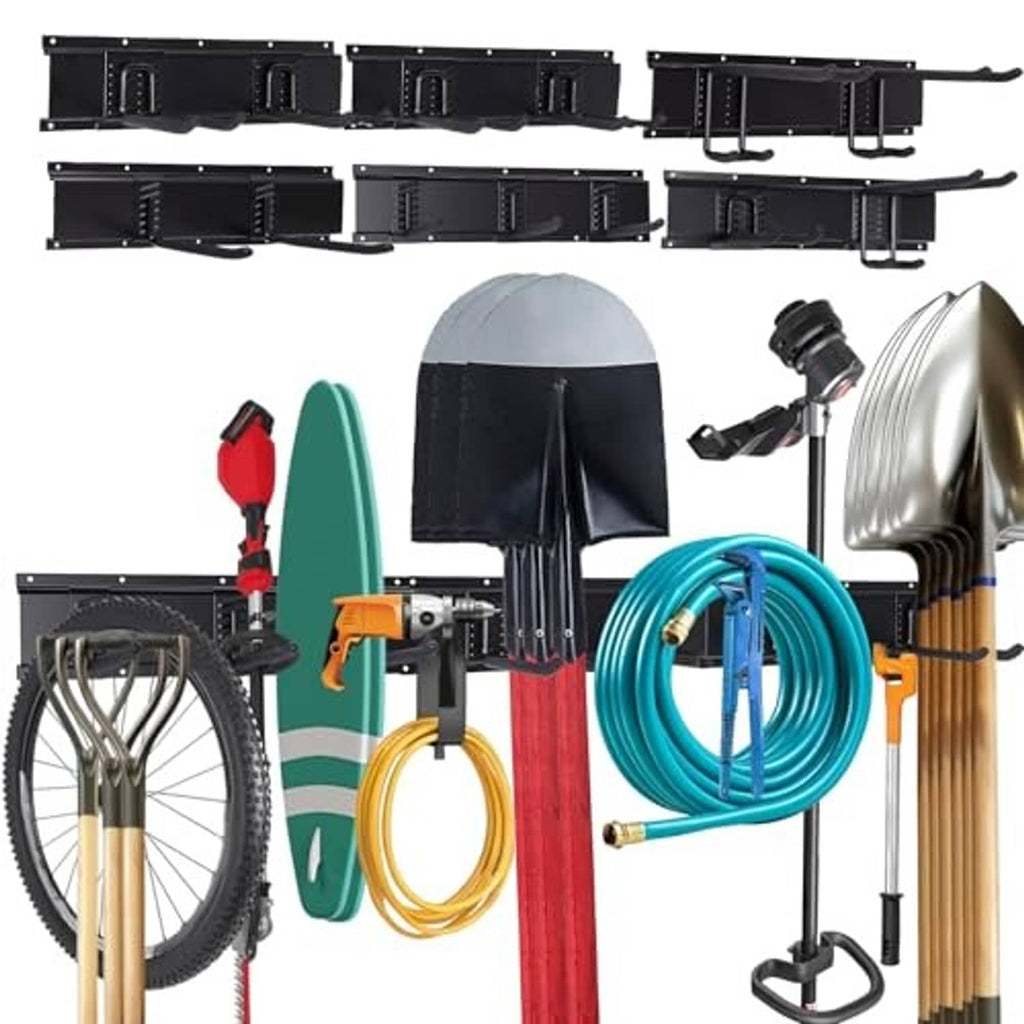 Black wall-mount tool organizer rack with curved hooks and multiple accessory holders