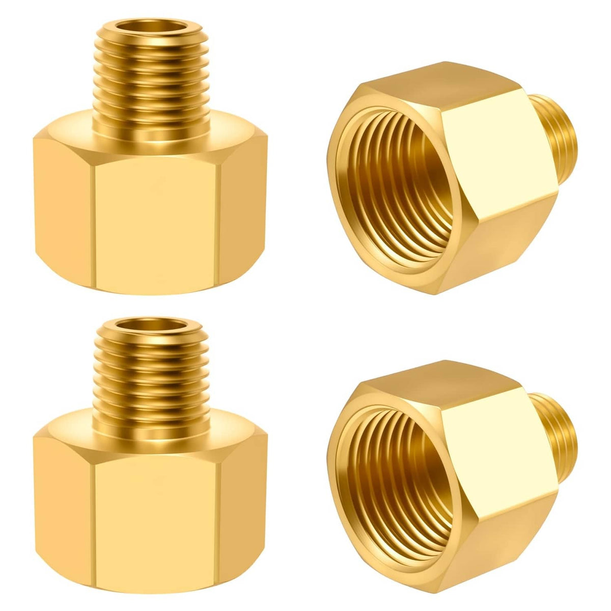 Brass pipe fitting adapter, hex body, visible male and female threaded ends