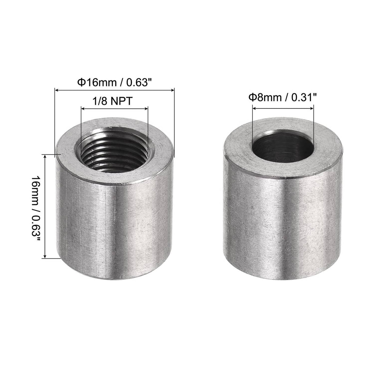 304 stainless steel weld coupling, female NPT threads shown from top