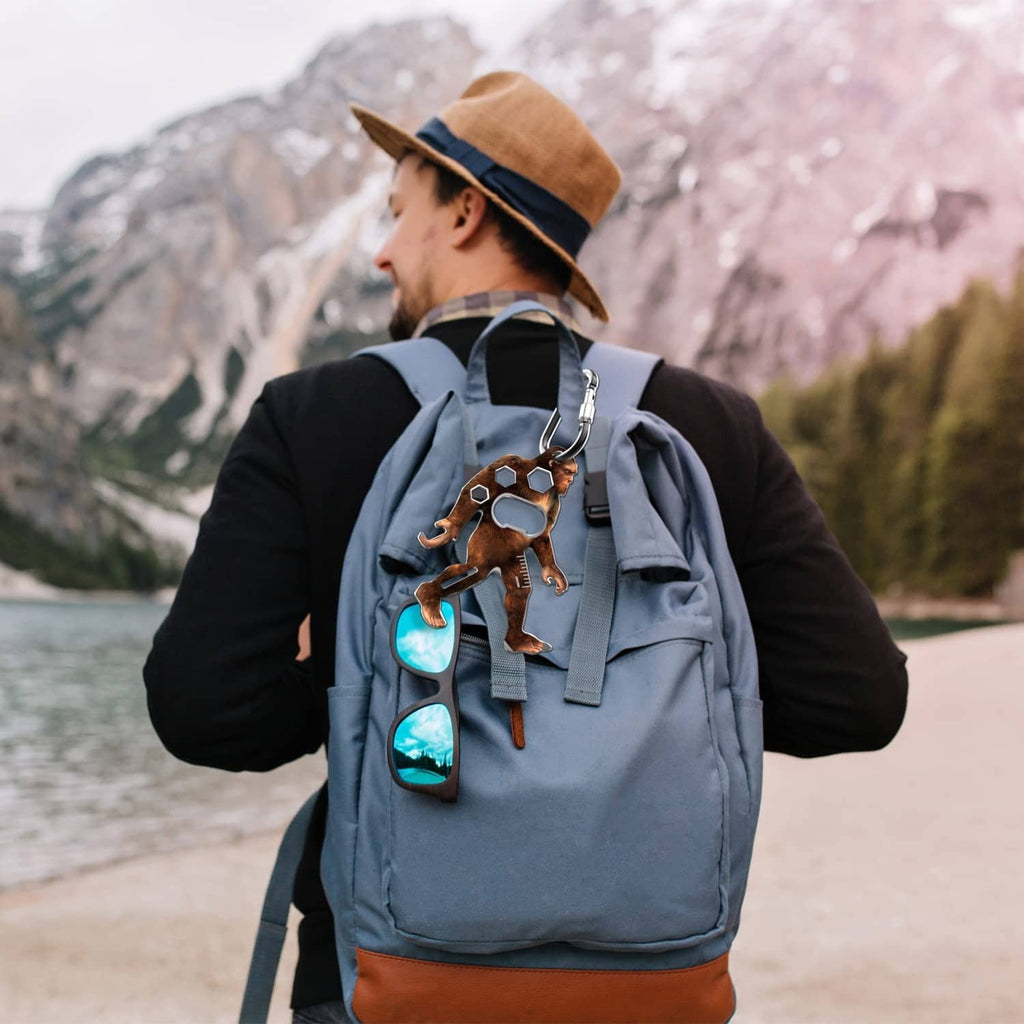 Sasquatch multi-tool clipped to backpack strap for easy carry