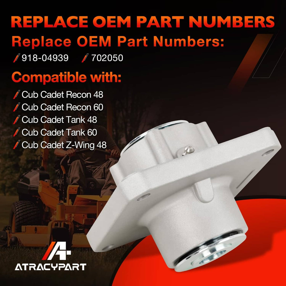 Mower deck spindle assembly bracket in white with pulley hub, angled view
