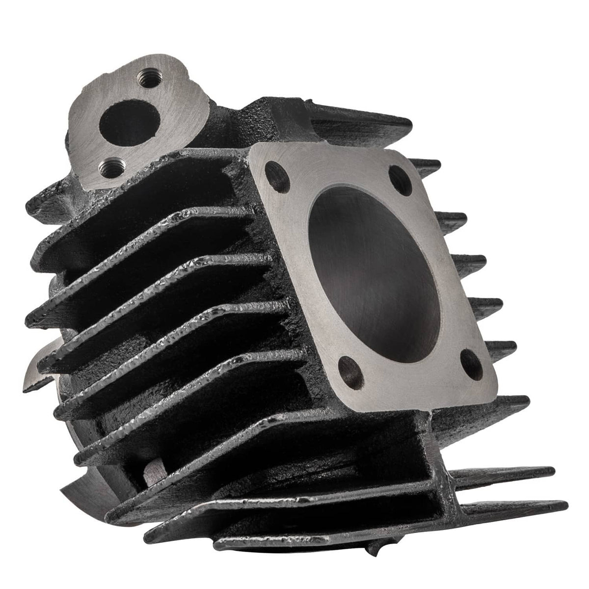 Finned cylinder block with machined mounting plate and piston bore
