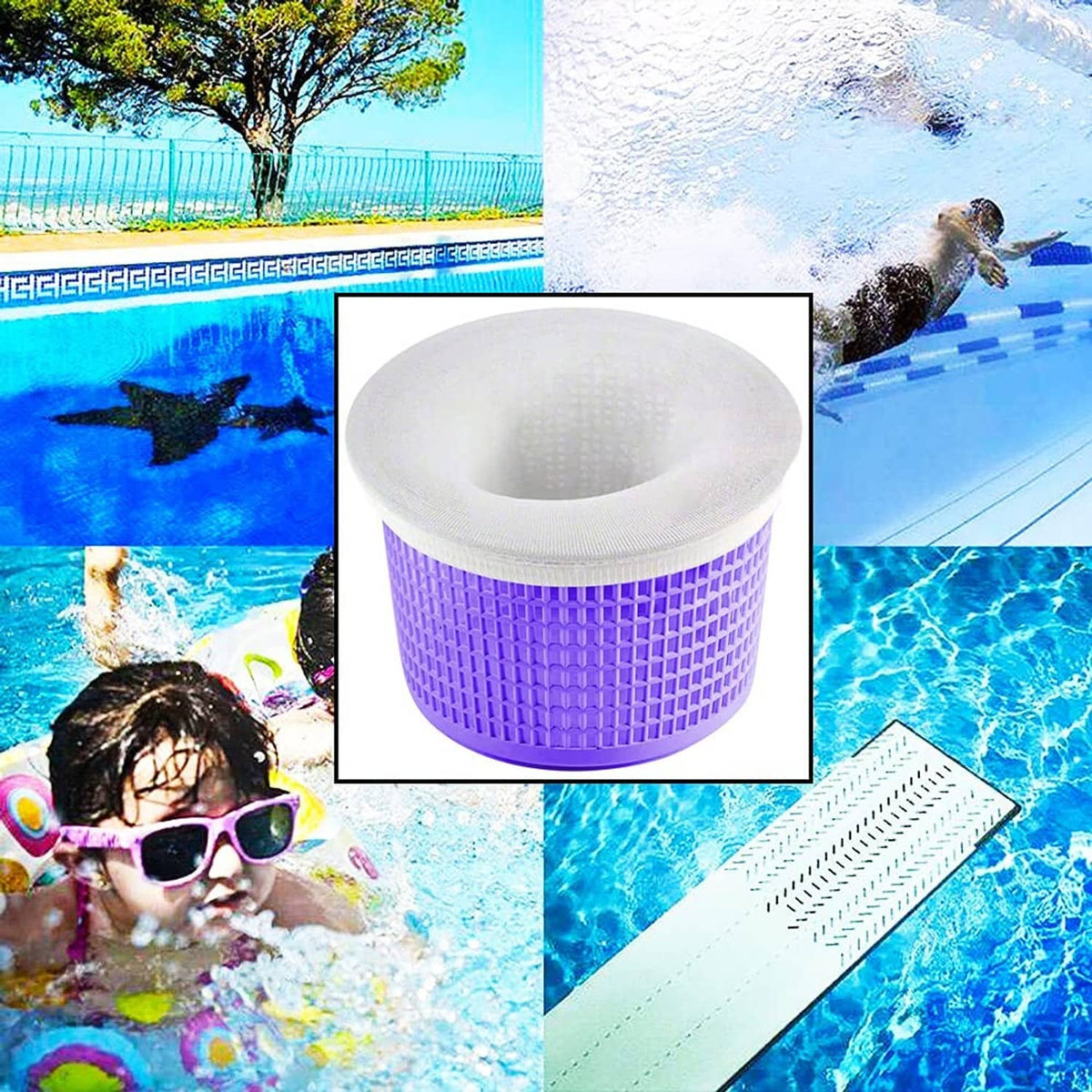 White pool skimmer sock filter basket with purple mesh, ready for pool skimmers