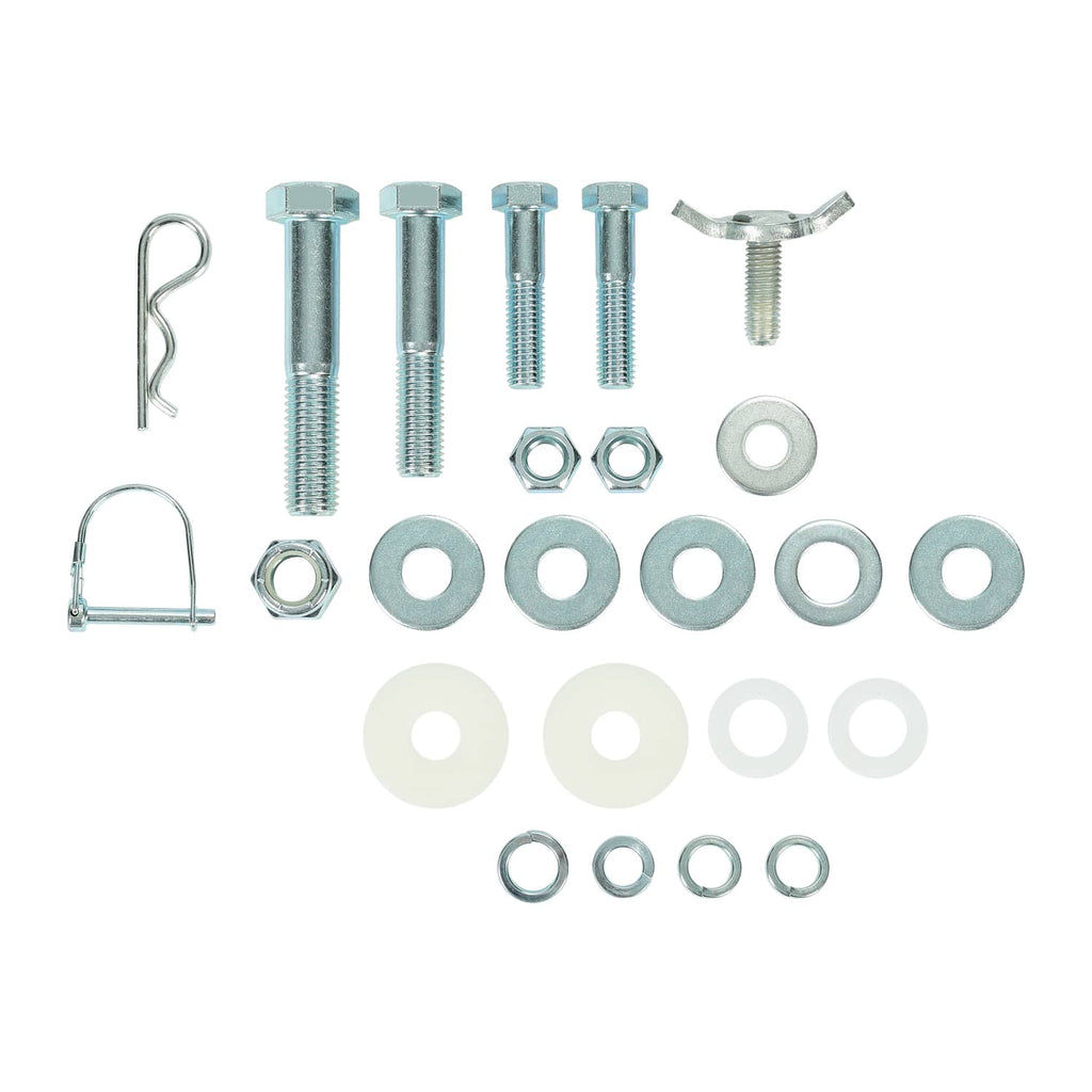 Spare tire carrier hardware assortment with galvanized bolts, nuts, washers, and clips
