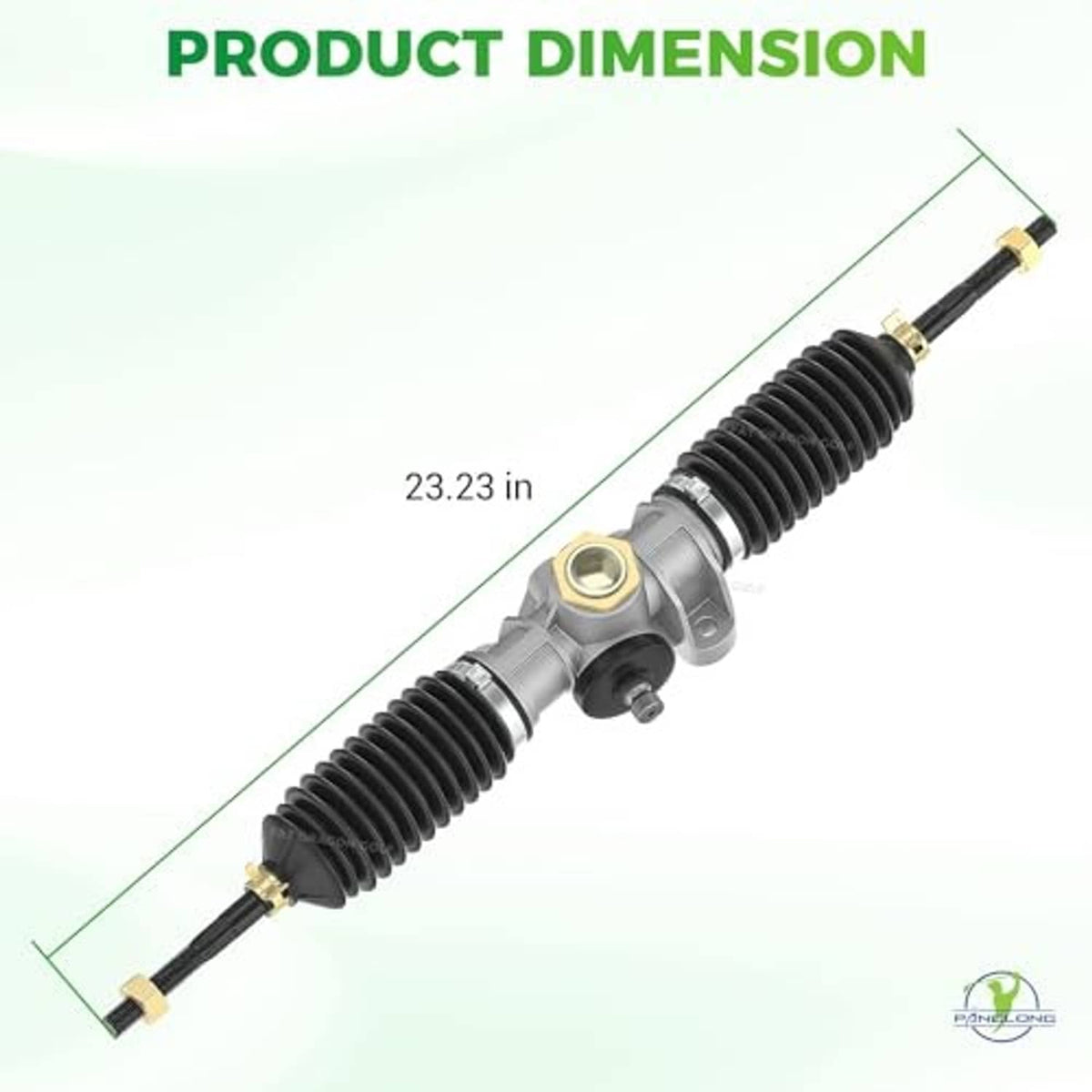 Steering rack assembly with black rubber boots and silver housing, length view