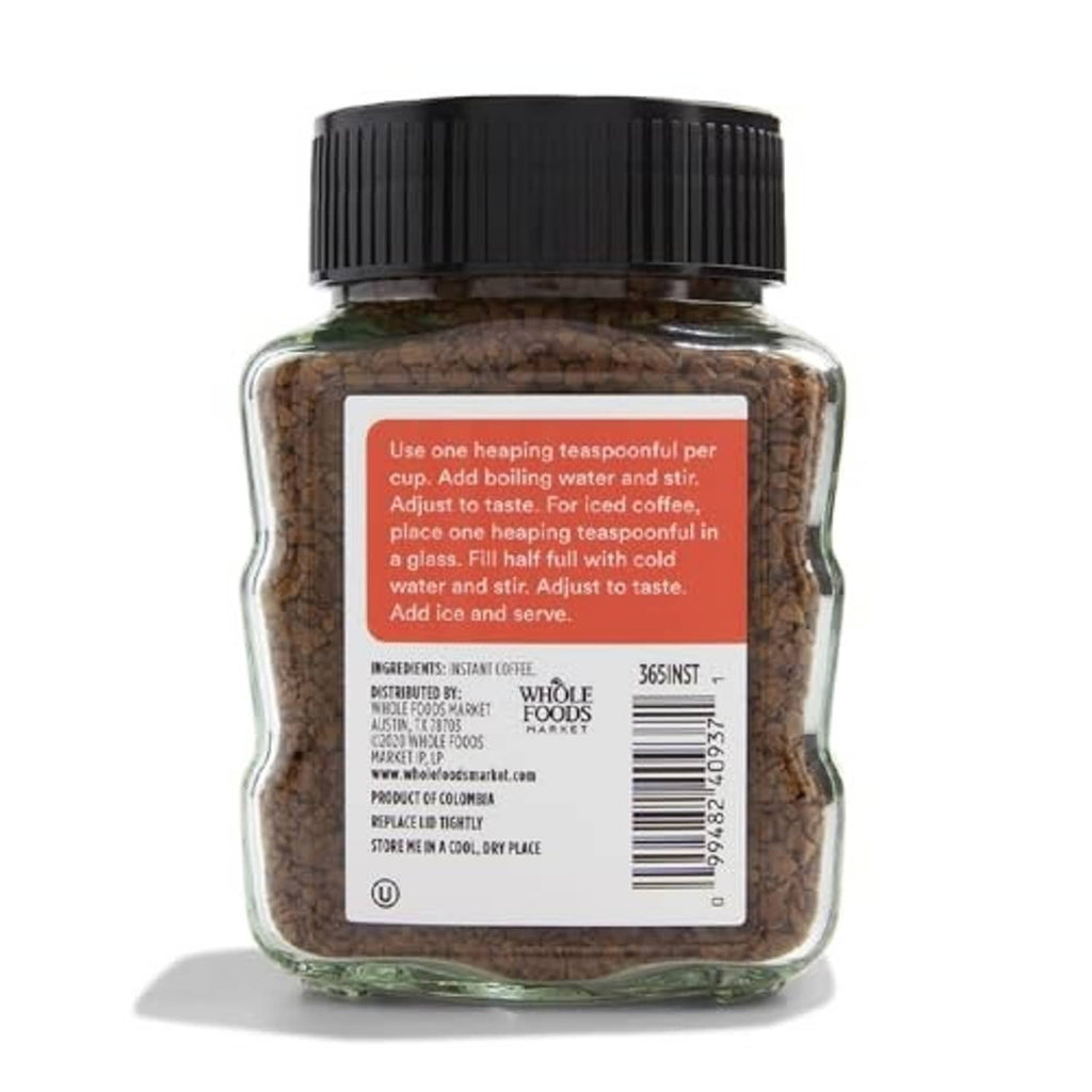 365 instant coffee jar with black lid and back label with usage and ingredients