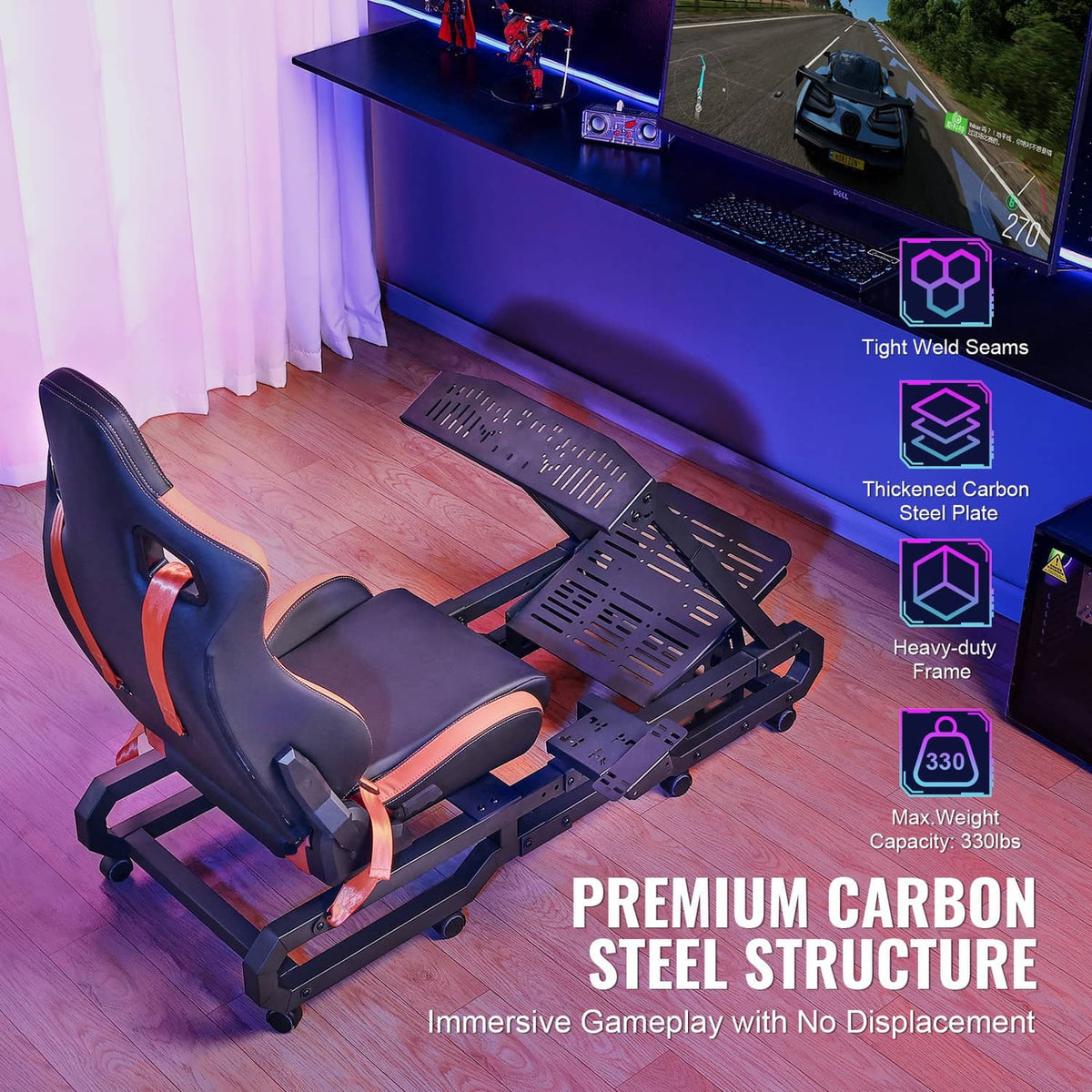 Racing simulator wheel stand with orange-trim black seat and pedal platform
