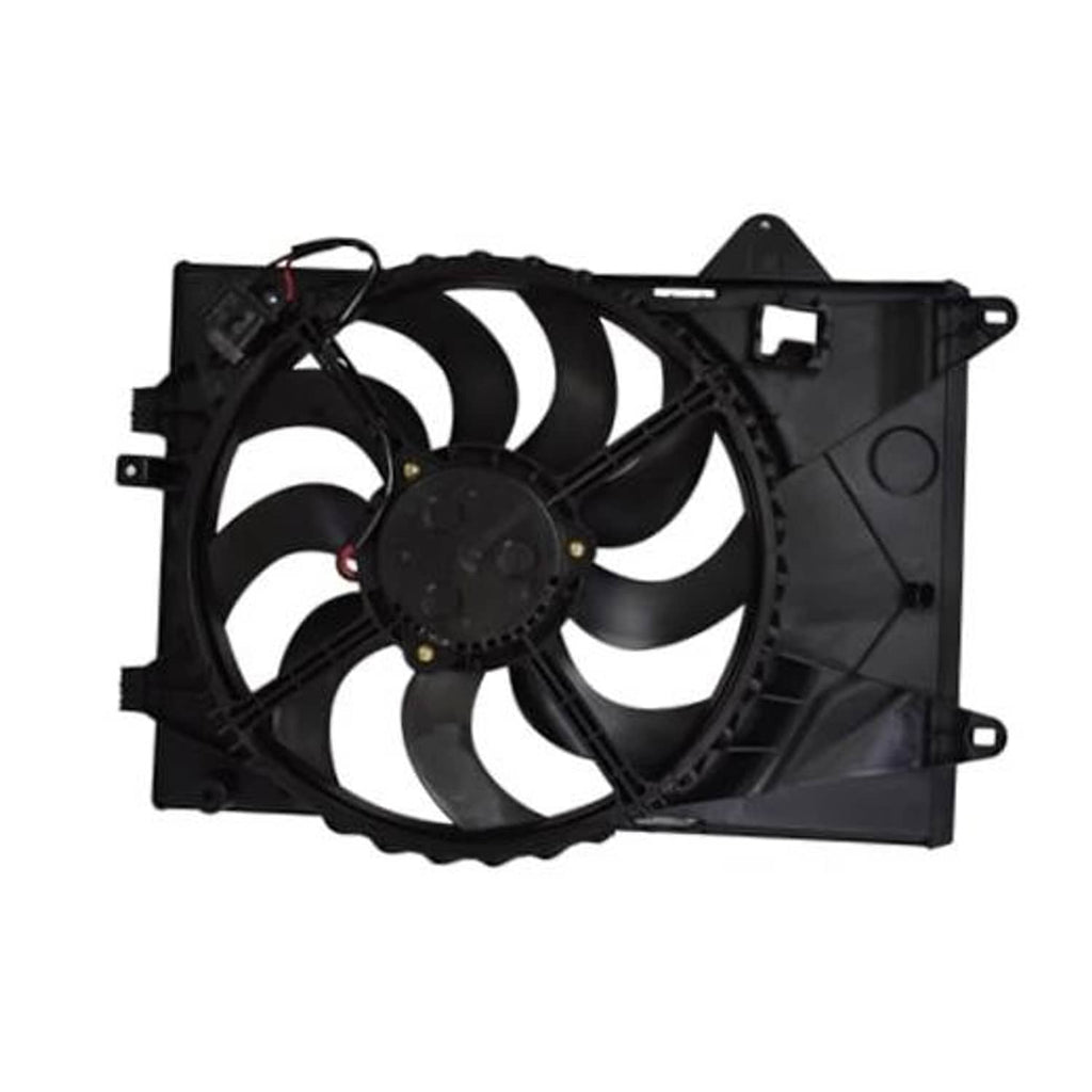 Radiator cooling fan and motor assembly with black fan blades and mounting shroud