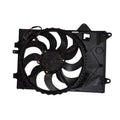 Radiator cooling fan and motor assembly with black fan blades and mounting shroud