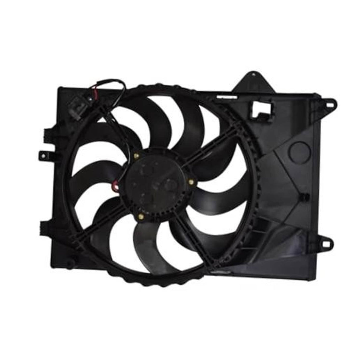 Radiator cooling fan and motor assembly with black fan blades and mounting shroud